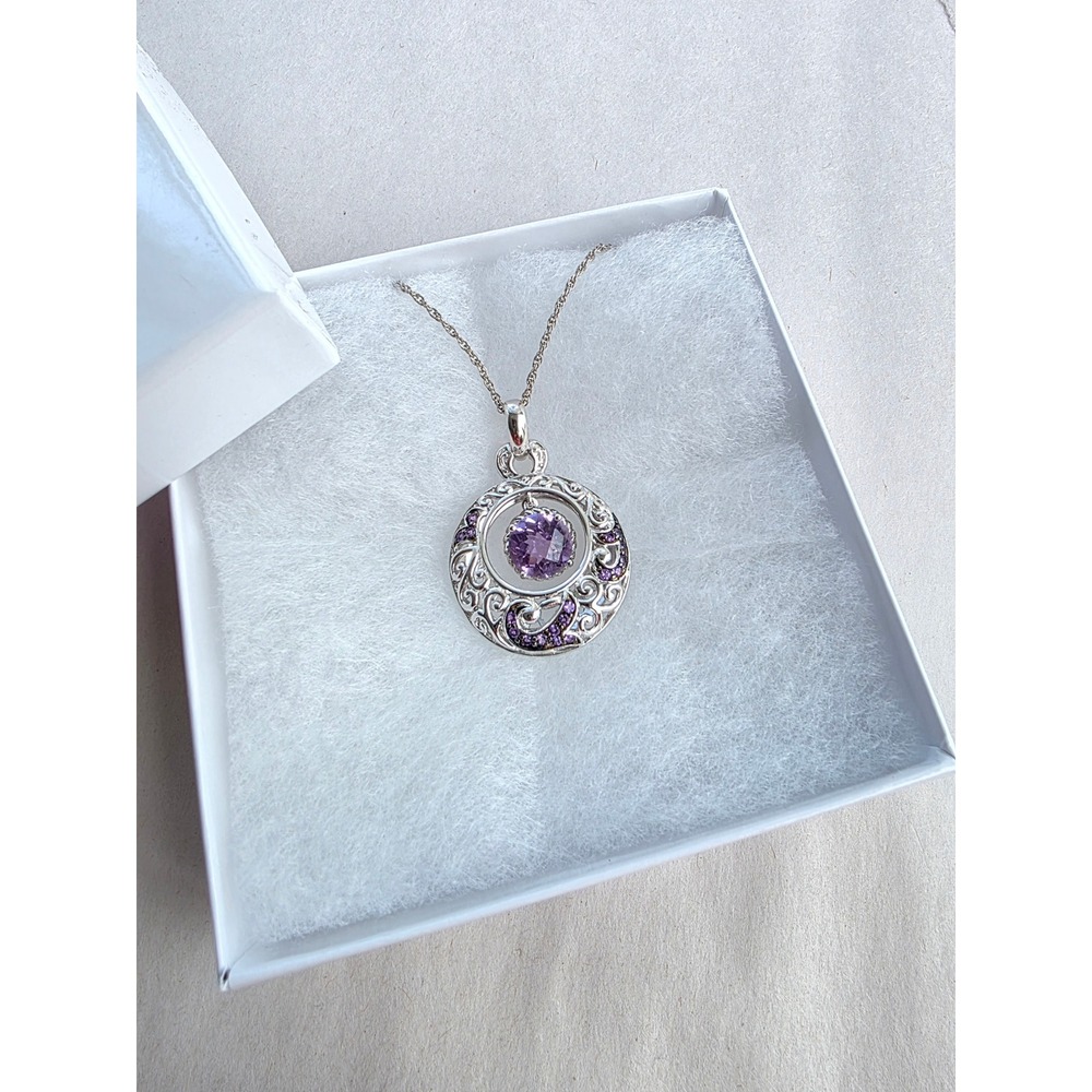 Sterling Silver 925 Purple Stone Scrollwork Circle Pendant Necklace NIB